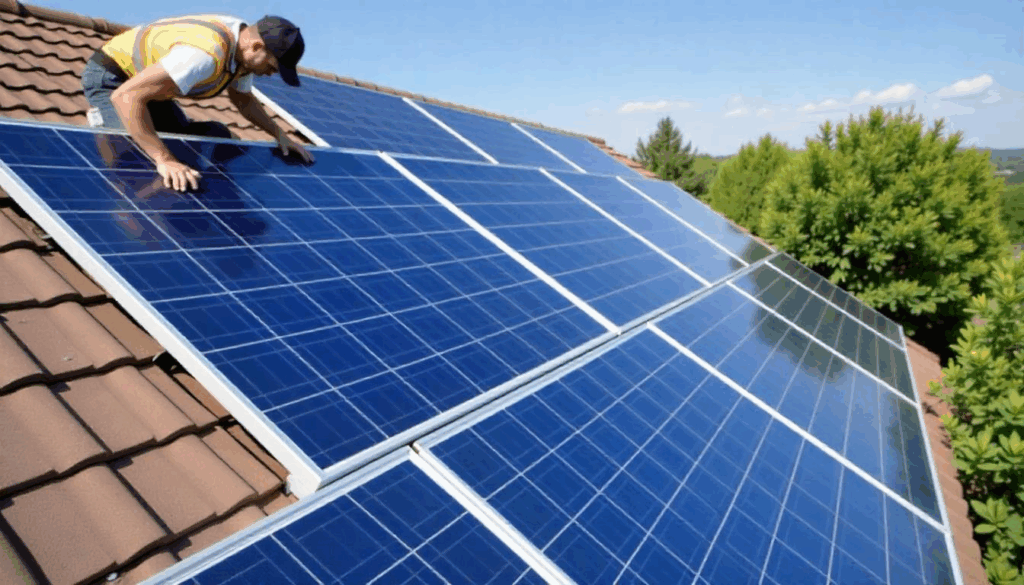 people installing solar panels on a house