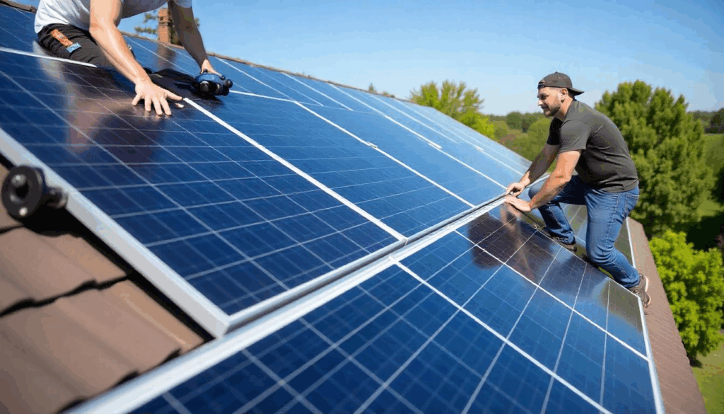 people installing solar panels on a house